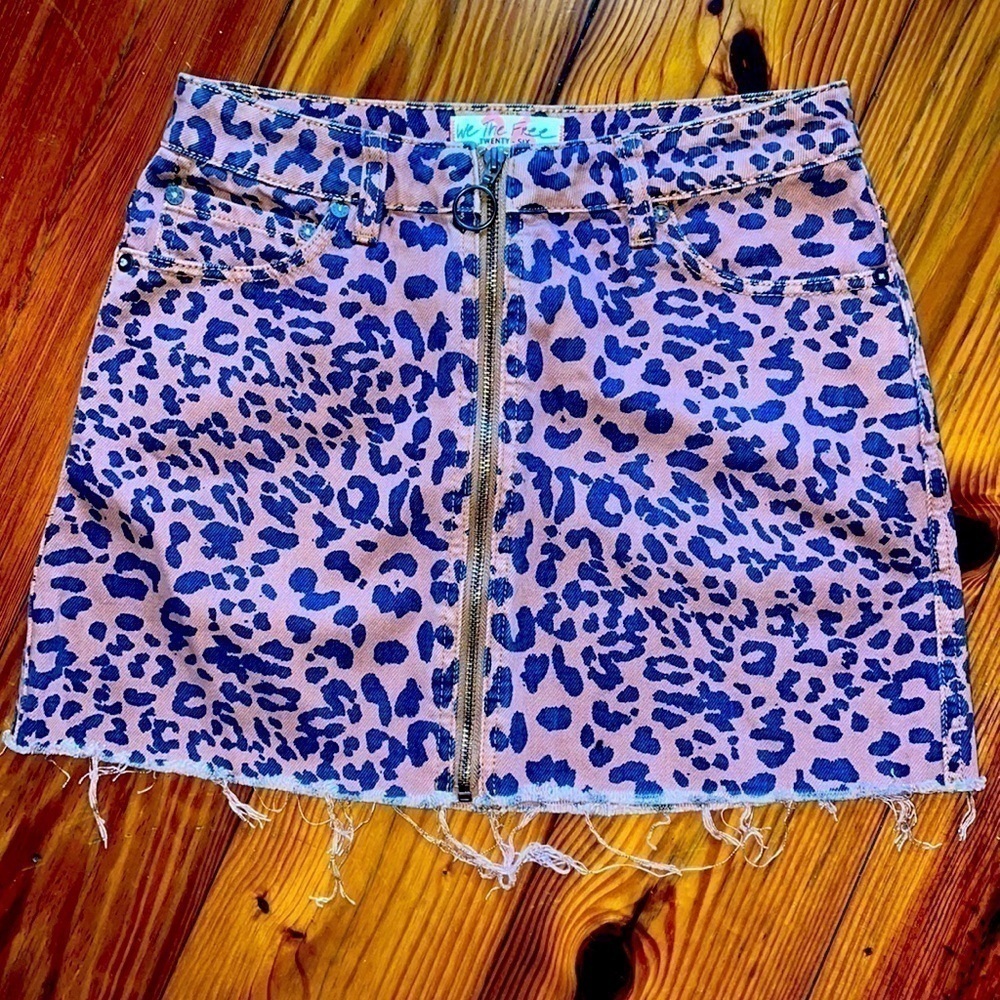 Free People Zip Up Denim Cheetah Animal Print Skirt Size 26 - Picture 5 of 6